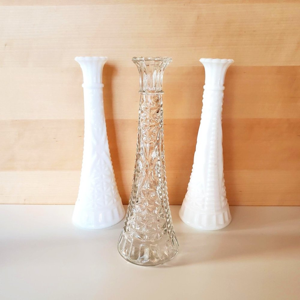 Bundle of 3 Vintage White Milk Glass Clear Bud Long Stem Vase MCM Starburst